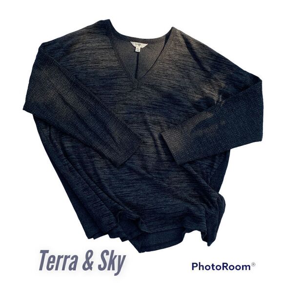 Terra & Sky SZ 2X Woman’s Black/Gray Long Sleeve V-Neck Blouse - Picture 1 of 8